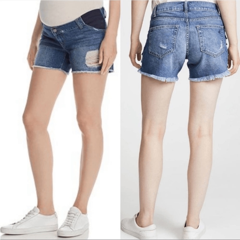 DL1961 Karlie Boyfriend Maternity Shorts in a distressed blue wash